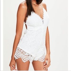 White Lace Trim Frill Front Romper